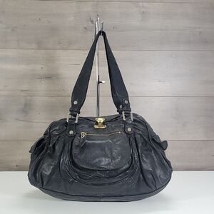 Abaco Black Leather Shoulder Bag with Gold Hardware